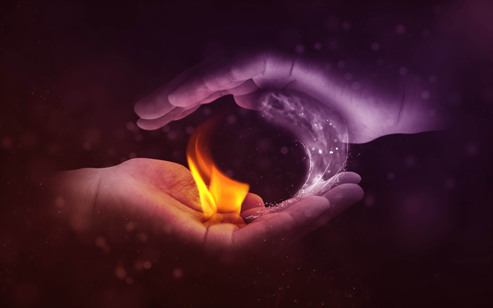 4k, Water and Fire, hands, water fire frame, creative, water vs fire, artwork, water, fire flames