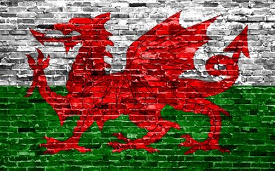 4k, Walesin lippu, tiilet rakenne, Euroopassa, kansalliset symbolit, Lipun Wales, brickwall, Wales 3D flag, Euroopan maissa, Wales