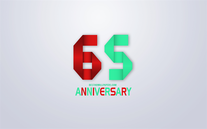 65 &#176; Anniversario segno, origami anniversario simboli, rosso, verde origami cifre, sfondo Bianco, origami numeri, 65 &#176; Anniversario, arte creativa, 65 Anni