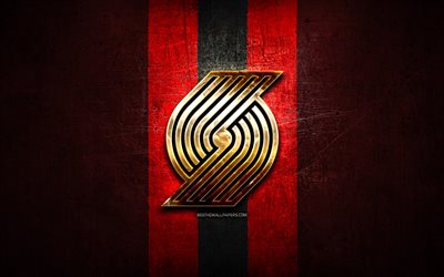 Portland Trail Blazers, golden logo, NBA, kırmızı metal arka plan, Amerikan basketbol kul&#252;b&#252;, Portland Trail Blazers logo, basketbol, ABD