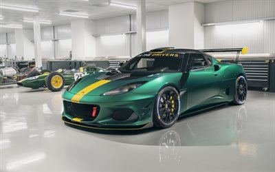 Lotus Evora GT4 Concept, 2019, exterior, front view, green sports car, sports coupe, new green Evora GT4, race car, Lotus
