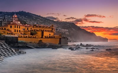 Madeira, tarde, puesta de sol, Oc&#233;ano Atl&#225;ntico, litoral, paisaje urbano, Portugal