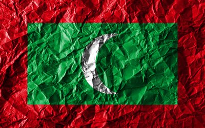 Maldiverna flagga, 4k, skrynkliga papper, Asiatiska l&#228;nder, kreativa, Flagga av Maldiverna, nationella symboler, Asien, Maldiverna 3D-flagga, Maldiverna