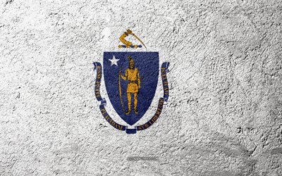 Flag of State of Massachusetts, concrete texture, stone background, Massachusetts flag, USA, Massachusetts State, flags on stone, Flag of Massachusetts