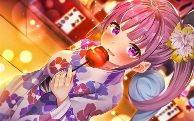 Minato Aqua, girl with pink hair, kimono, Virtual YouTuber, VTuber, Minato Aqua channel