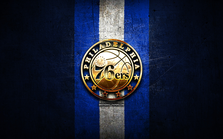 Philadelphia 76ers, golden logo, NBA, blue metal background, american basketball club, Philadelphia 76ers logo, basketball, USA