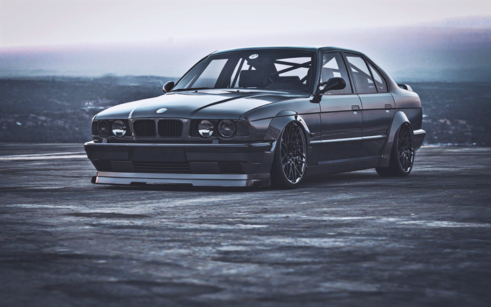 BMW M5 E34, low rider, tuning, BMW S&#233;rie 5, tunned M5, BMW E34, voitures allemandes, BMW, noir E34
