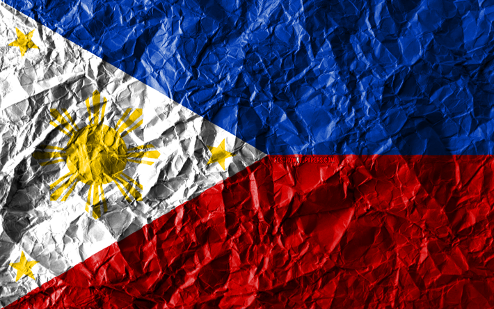 Filippine bandiera, 4k, carta stropicciata, paesi Asiatici, creativo, Bandiera delle Filippine, simboli nazionali, Asia, Filippine 3D bandiera, Filippine