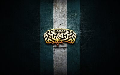 San Antonio Spurs, kultainen logo, NBA, sininen metalli tausta, american basketball club, San Antonio Spurs-logo, koripallo, USA
