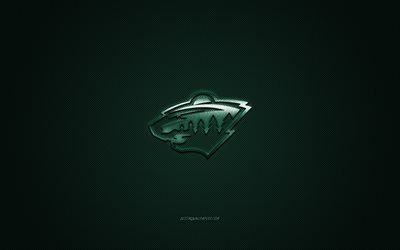 Minnesota Wild, American hockey club, NHL, green logo, green carbon fiber background, hockey, Minnesota, USA, National Hockey League, Minnesota Wild logo
