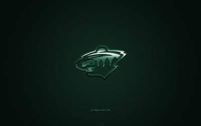 minnesota wild, american hockey club, nhl, gr&#252;n-logo, gr&#252;n-carbon-faser-hintergrund, hockey, minnesota, usa, national hockey league, minnesota wild logo