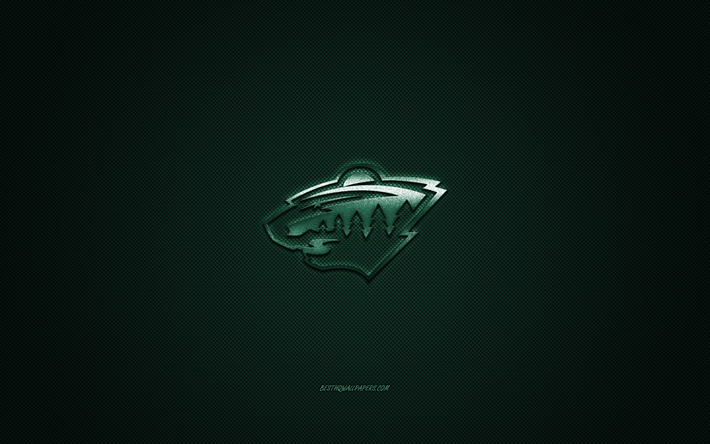 Minnesota Wild, American hockey club, NHL, green logo, green carbon fiber background, hockey, Minnesota, USA, National Hockey League, Minnesota Wild logo