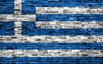 4k, Yunan bayrağı, tuğla doku, Avrupa, ulusal semboller, Yunanistan Bayrak, brickwall, Yunanistan 3D bayrak, Avrupa &#252;lkeleri, Yunanistan