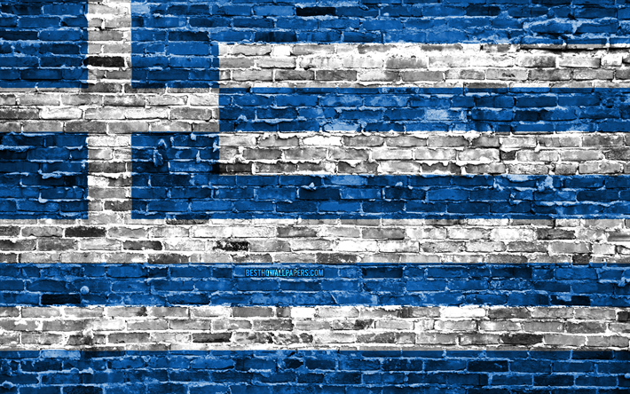 4k, Kreikan lippu, tiilet rakenne, Euroopassa, kansalliset symbolit, Lippu Kreikka, brickwall, Kreikka 3D flag, Euroopan maissa, Kreikka