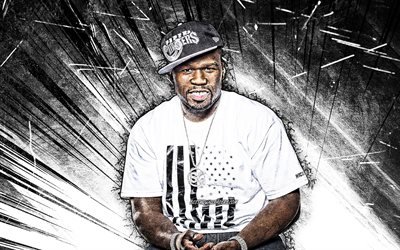 50 Cent, blanc abstrait rayons, 4k, le rappeur am&#233;ricain, stars de la musique, Curtis Jackson, grunge de l&#39;art, de l&#39;am&#233;rique &#224; la c&#233;l&#233;brit&#233;, fan art, cr&#233;atif, 50 Cent 4K