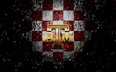 Texas AM Aggies, glitter logo, NCAA, purple white checkered background, USA, american football team, Texas AM Aggies logo, mosaic art, american football, America
