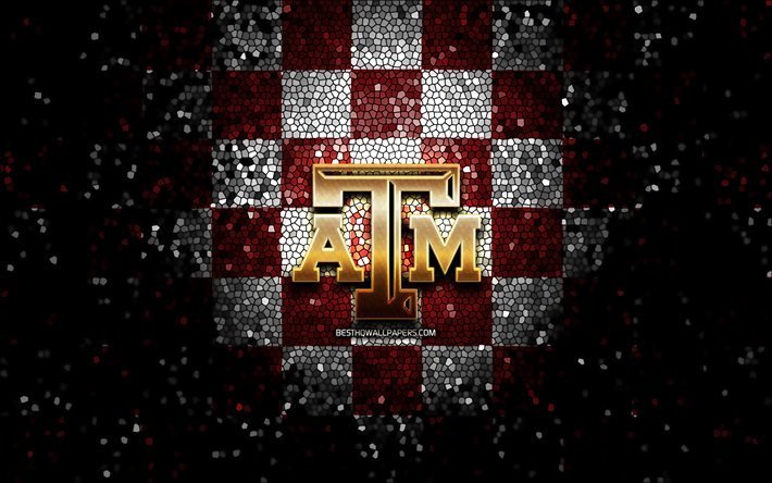 Texas AM Aggies, glitter, logo, NCAA, viola, bianco, sfondo a scacchi, USA, squadra di football americano, Texas AM Aggies logo, il mosaico, il football americano, l&#39;America