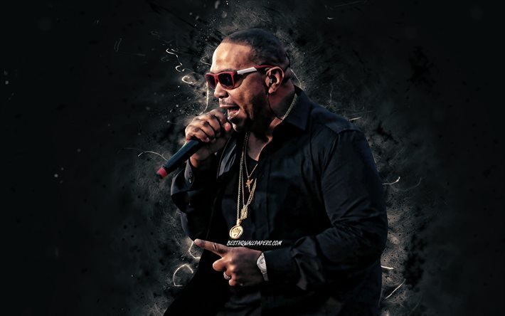 Timbaland, 2020, 4k, white neon lights, american rapper, concert, music stars, creative, Timbaland with microphone, Timothy Zachery Mosley, american celebrity, Timbaland 4K