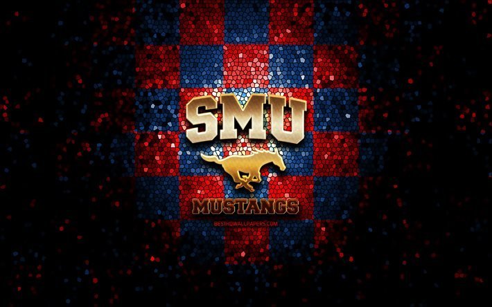 SMU Mustangs, キラキラのロゴ, NCAA, 青赤のチェッカーの背景, 米国, アメリカのサッカーチーム, SMU Mustangsロゴ, モザイクart, アメリカのサッカー, 米