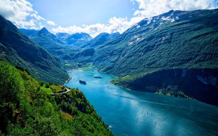 Noruega, ver&#227;o, fiorde, montanhas, bela natureza, navios de cruzeiro, Europa