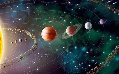 sistema solar, Arte 3D, asteróides, Sol, Vênus, Plutão, Urano, Terra, Marte, Netuno, Júpiter, Mercúrio, nave espacial, planetários série, planetas, galaxy, sci-fi