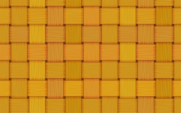 yellow 3D squares, wooden wickerwork textures, squares backgrounds, 3D squares, yellow wickerwork background, 3D squares textures, squares textures, background with squares, wooden weaving textures