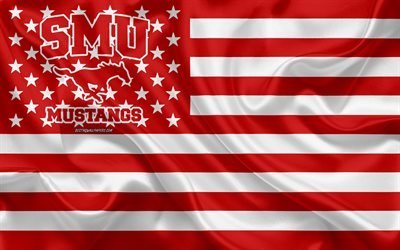 SMU Mustangs Amerikan futbol takımı, yaratıcı Amerikan bayrağı, kırmızı ve beyaz bayrak, NCAA, Dallas, Teksas, ABD, SMU Mustangs logo, amblem, ipek bayrak, Amerikan Futbolu