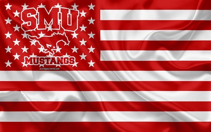 SMU Mustangs, Time de futebol americano, criativo bandeira Americana, vermelho e branco da bandeira, NCAA, Dallas, Texas, EUA, SMU Mustangs logotipo, emblema, seda bandeira, Futebol americano