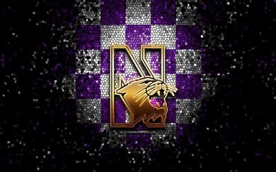 Nordv&#228;stra Wildcats, glitter logotyp, NCAA, violett vit rutig bakgrund, USA, amerikansk fotboll, Nordv&#228;stra Wildcats logotyp, mosaik konst, Amerika