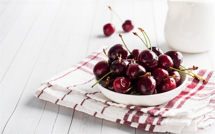 cherries, fruits, plate with cherries, berries, summer, cherries on a plate