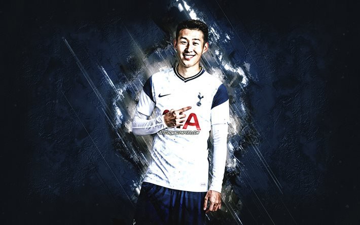 Son Heung-Min, il Tottenham Hotspur, corea del Sud calciatore, ritratto, pietra blu di sfondo, la Premier League, Inghilterra, calcio