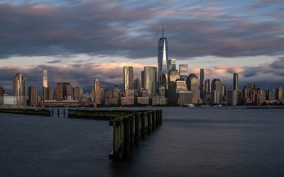New York, illalla, sunset, pilvenpiirtäjiä, kaupunkikuva, One World Trade Center, New Yorkin horisonttiin, Manhattan, USA, Freedom Tower