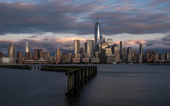 New York, kv&#228;ll, sunset, skyskrapor, stadsbilden, One World Trade Center, New York skyline, Manhattan, USA, Freedom Tower