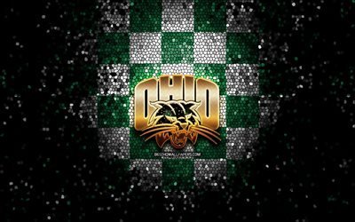 Bobcats de l&#39;Ohio, logo de paillettes, NCAA, fond à carreaux blanc vert, USA, équipe de football américain, logo de l&#39;Ohio Bobcats, art de la mosaïque, football américain, Amérique