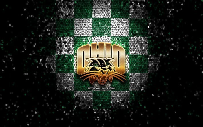 Ohio Bobcats, logotipo com glitter, NCAA, fundo xadrez branco verde, EUA, time de futebol americano, logotipo do Ohio Bobcats, arte em mosaico, futebol americano, Am&#233;rica