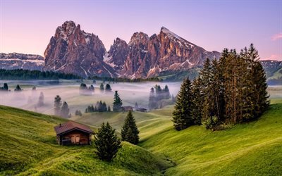 4k, Dolomiter, morgon, sommar, dimma, berg, vacker natur, Italien, italiensk natur, Europa