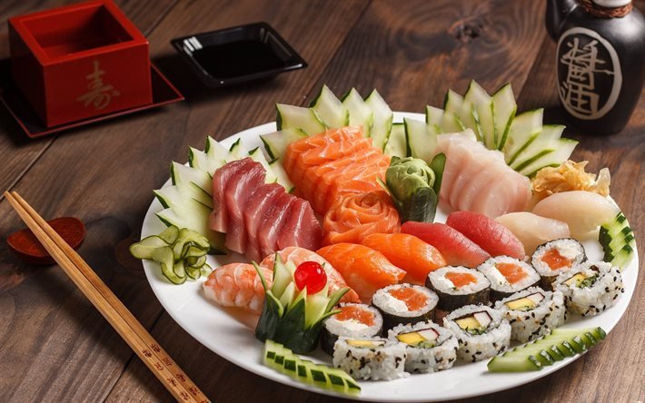 sushi, rollos, comida japonesa, platos de pescado, salm&#243;n, Sashimi, sushi de California, Nigirizushi, Nori