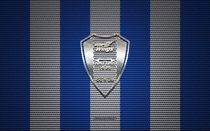 Suwon Samsung Bluewings logo, squadra di calcio sudcoreana, emblema in metallo, sfondo blu rete metallica bianca, Suwon Samsung Bluewings, K League 1, Suwon, Corea del Sud, calcio