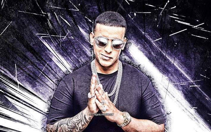 4k, Daddy Yankee, grunge art, Puerto Rican singer, white abstract rays, music stars, creative, Raymon Luis Ayala Rodr&#237;guez, superstars, american celebrity, Daddy Yankee 4K