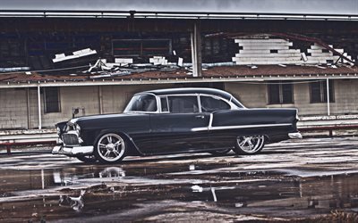 Chevrolet Bel Air, side view, 1955 cars, tuning, HDR, retro cars, american cars, 1955 Chevrolet Bel Air, lowrider, Chevrolet