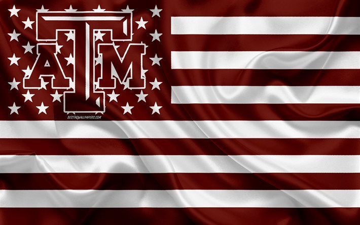 Texas AM Aggies, equipo de f&#250;tbol americano, bandera americana creativa, bandera blanca burdeos, NCAA, College Station, Texas, EE UU, Logotipo de Texas AM Aggies, emblema, bandera de seda, f&#250;tbol americano