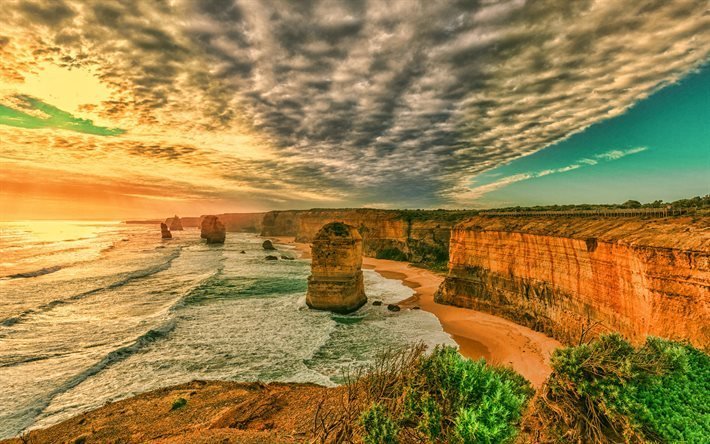 De tolv apostlarna, kv&#228;ll, solnedg&#229;ng, klippor, kust, hav, Port Campbell National Park, Victoria, Australien