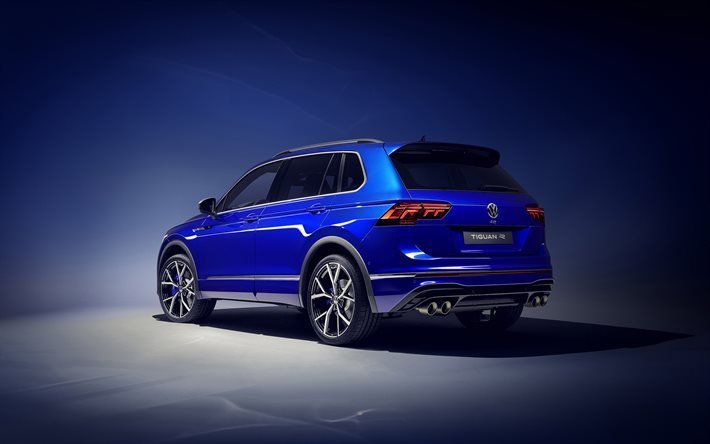 Volkswagen Tiguan R, 2021, 4k, retrovisor, exterior, crossover azul, Tiguan R-Line, novo Tiguan azul, carros alemães, Volkswagen