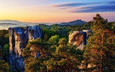 Tjeckien, 4k, vacker natur, solnedg&#229;ng, klippor, berg, sommar, Europa, naturreservat, tjeckisk natur