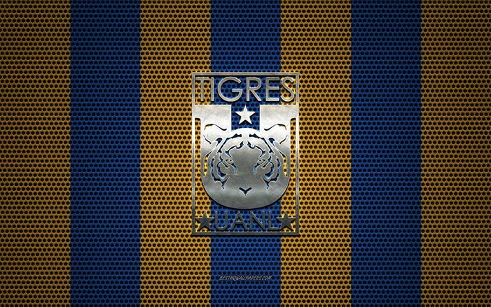 Tigres UANL logo, Mexican football club, metal emblem, orange-blue metal mesh background, Tigres UANL, Liga MX, Monterrey, Mexico, football