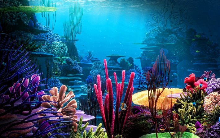 arrecife de coral, arte 3D, mundo submarino, peces, vida silvestre, mar, coral