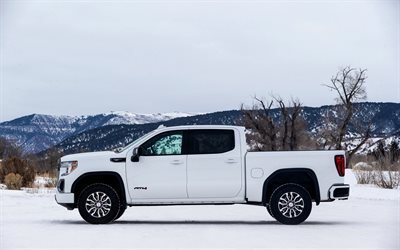 GMC Sierra 1500 AT4, 2020, side view, exterior, white pickup truck, new white Sierra AT4, american cars, Off-Road Truck, GMC