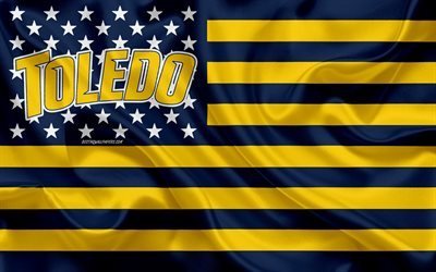 Toledo Rockets, American football team, creative American flag, blue and yellow flag, NCAA, Toledo, Ohio, USA, Toledo Rockets logo, emblem, silk flag, American football