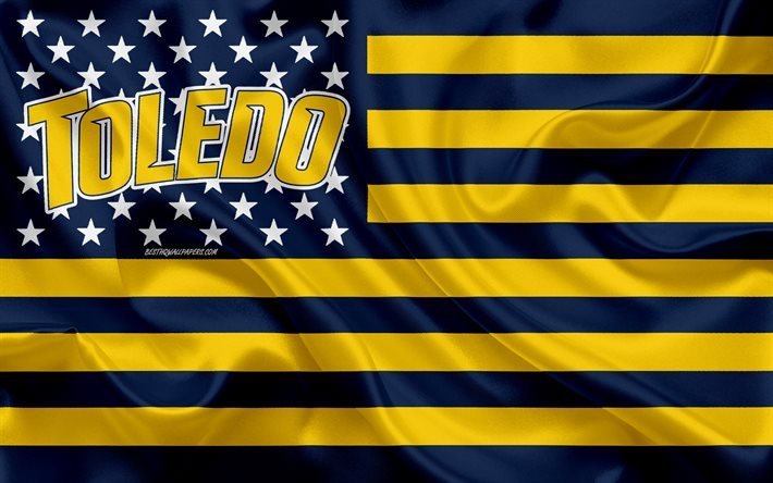 toledo rockets, american-football-team, kreative amerikanische flagge, blaue und gelbe flagge, ncaa toledo-ohio, logo, emblem, seide-flag, american football