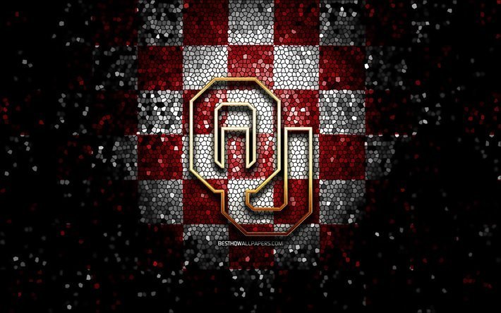Oklahoma Sooners, el brillo del logotipo, de la NCAA, p&#250;rpura blanco a cuadros de fondo, EEUU, equipo de f&#250;tbol americano, Oklahoma Sooners logotipo, mosaico de arte, f&#250;tbol americano, estados unidos